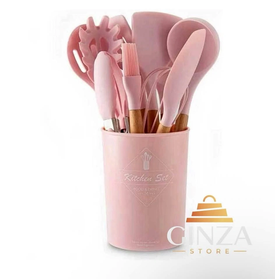 Silicone Kitchen Utensil Set with Wooden Handles and Holder