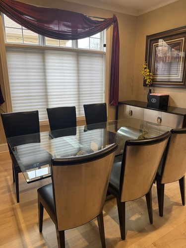 Rectangular Glass Top Dining Table + 6 Black Faux Leather Chairs