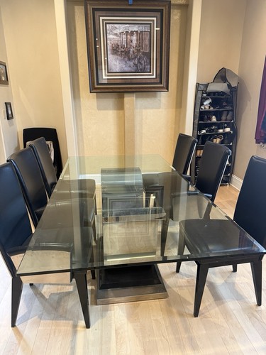 Rectangular Glass Top Dining Table + 6 Black Faux Leather Chairs - photo 2