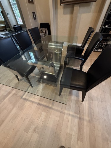Rectangular Glass Top Dining Table + 6 Black Faux Leather Chairs - photo 3