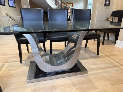 Rectangular Glass Top Dining Table + 6 Black Faux Leather Chairs - photo 4