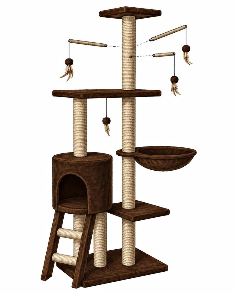 Brown and Beige Cat Tree with Hammock, House, and Ladder
