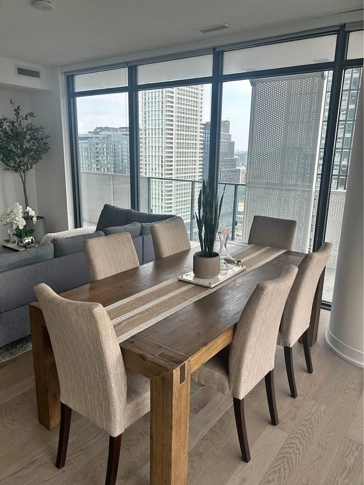 Solid Wood Dining Table with 6 Upholstered Chairs