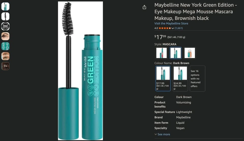 Maybelline Green Edition Mega Mousse Mascara - 003 Brownish Blac - photo 2