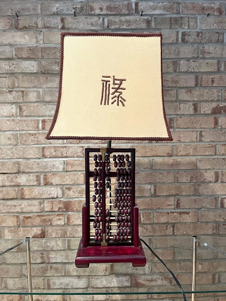 Mid-Century Double-Sided Abacus Lamp with Embroidered Shade