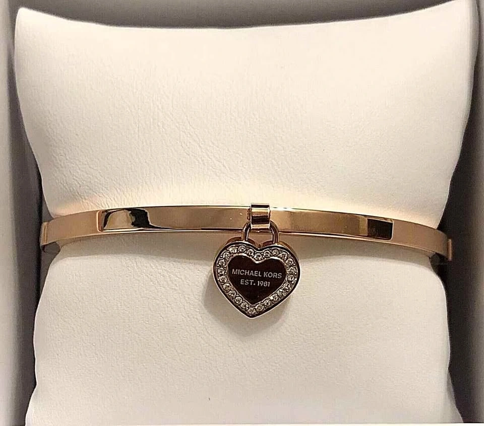 MK Logo Heart Rose Gold Bangle Bracelet Crystals