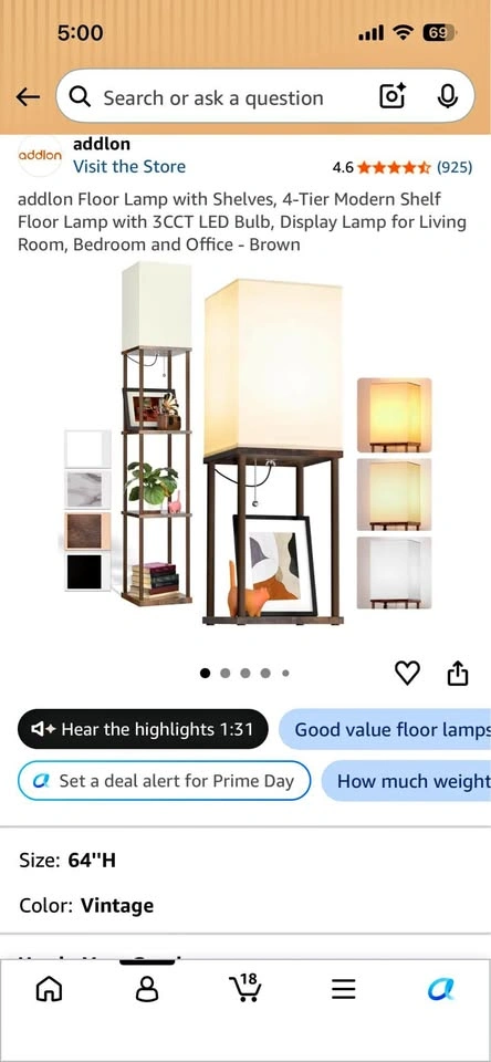 4-Tier Modern Shelf Floor Lamp (Brown) – Works Great!