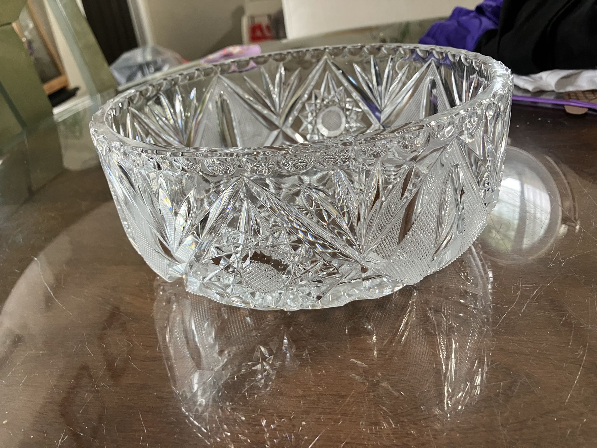 Vintage Cut Glass Serving Bowl – 9” Round Heavy Crystal Style
