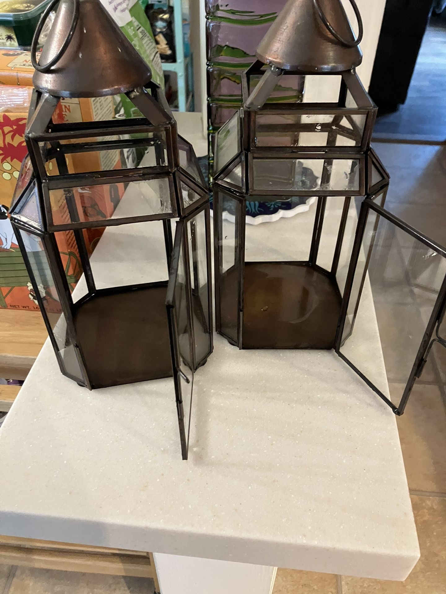 Pair of Metal & Glass Lantern Candle Holders – 10” Tall