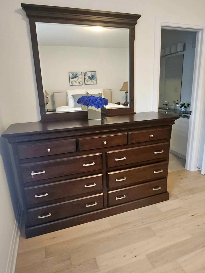 Dark Wood Bedroom Set - Dresser with Mirror and Two Nightstands