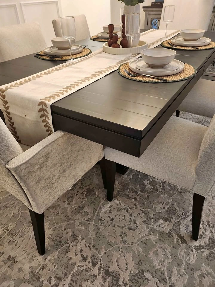 Dark Solid Wood Dining Table with 8 Upholstered Nailhead Chairs