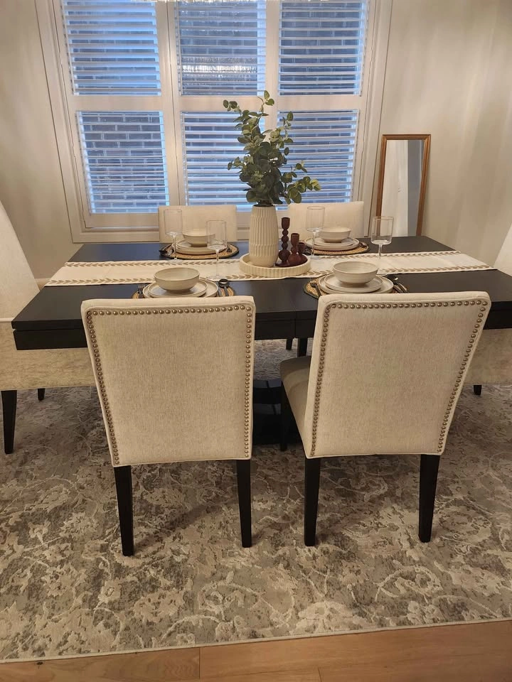 Dark Solid Wood Dining Table with 8 Upholstered Nailhead Chairs - photo 3