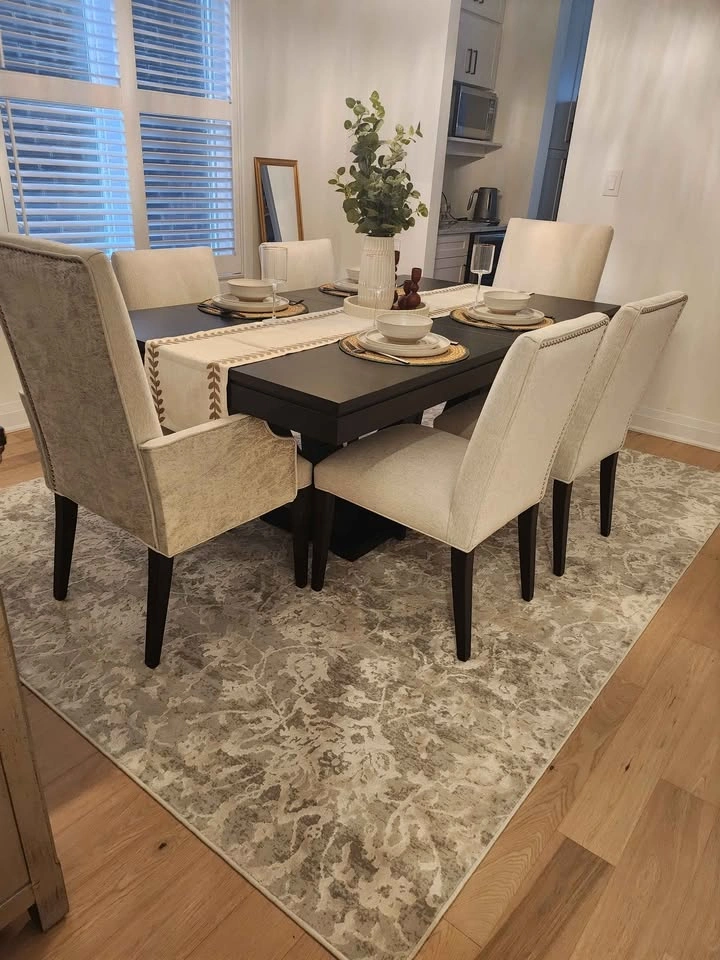 Dark Solid Wood Dining Table with 8 Upholstered Nailhead Chairs - photo 4