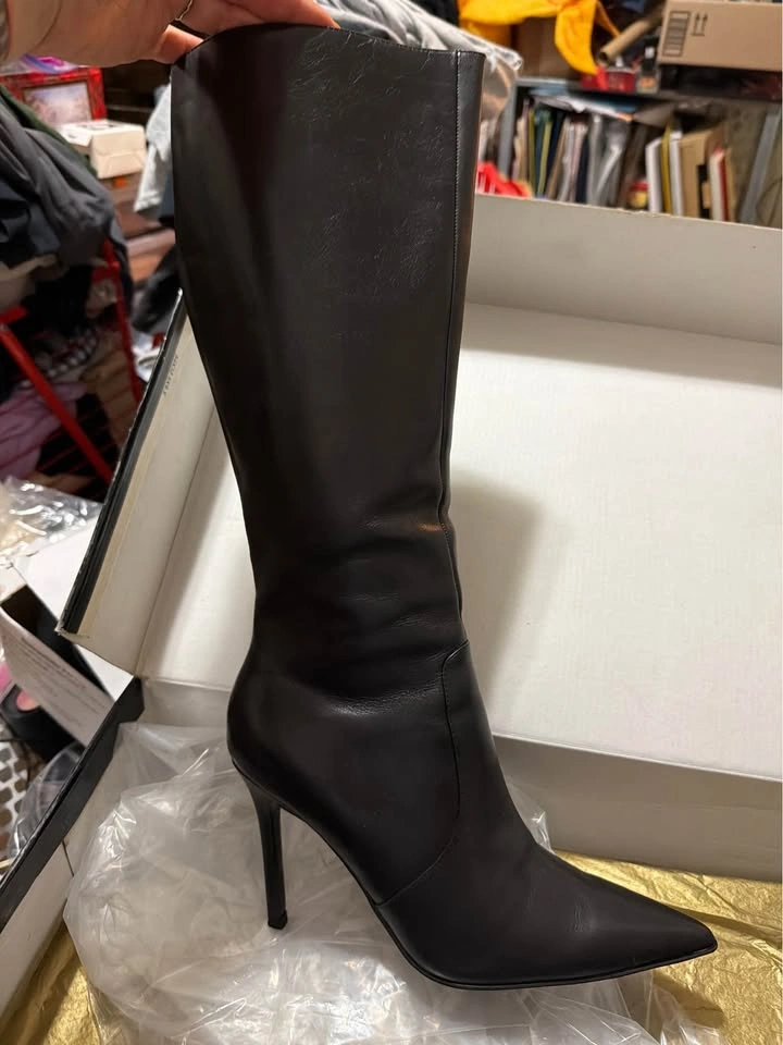 Colin Stuart Black Leather Knee-High Stiletto Boots Size 7 - photo 3