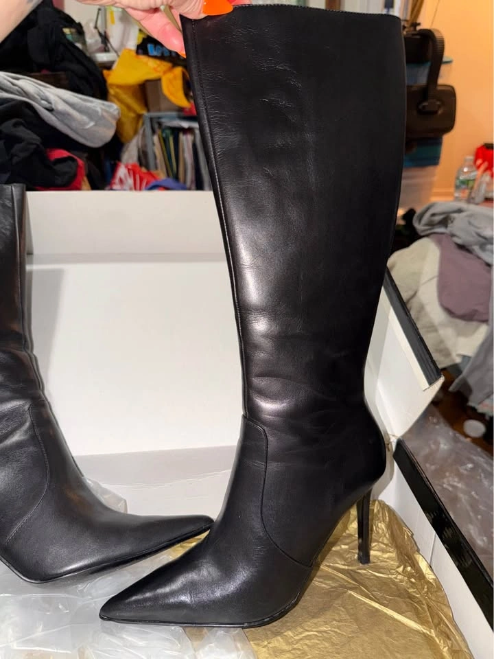Colin Stuart Black Leather Knee-High Stiletto Boots Size 7 - photo 4