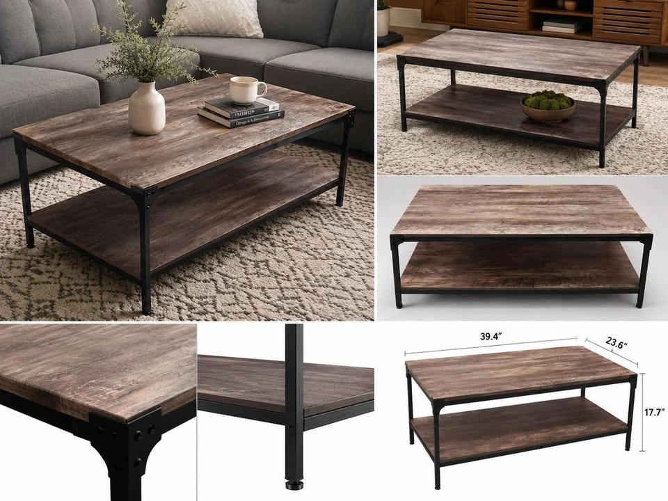 Industrial Wood and Metal Coffee Table with Storage Shelf - photo 2