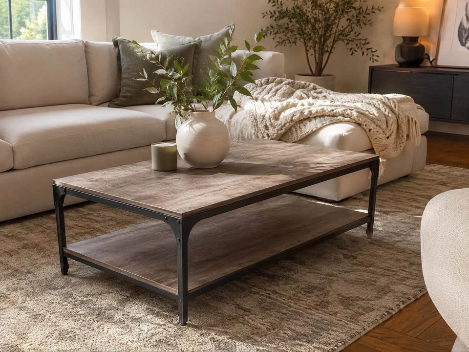 Industrial Wood and Metal Coffee Table with Storage Shelf - photo 3