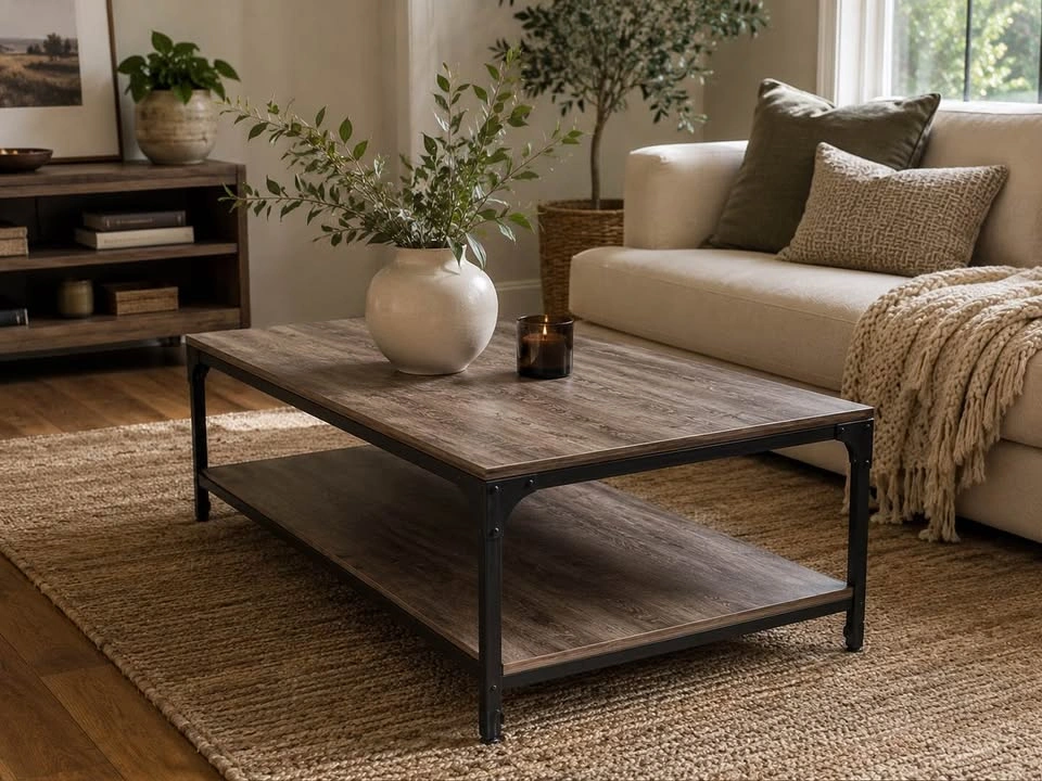 Industrial Wood and Metal Coffee Table with Storage Shelf - photo 4