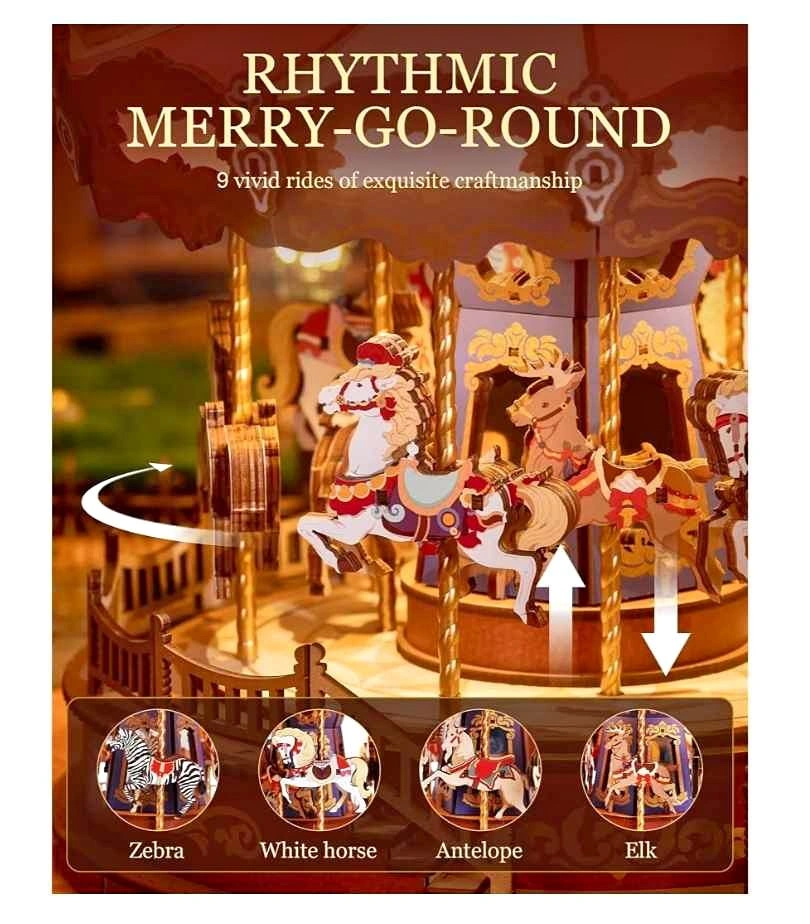 Wooden 3D Puzzle for Adults, DIY Carousel Music Box