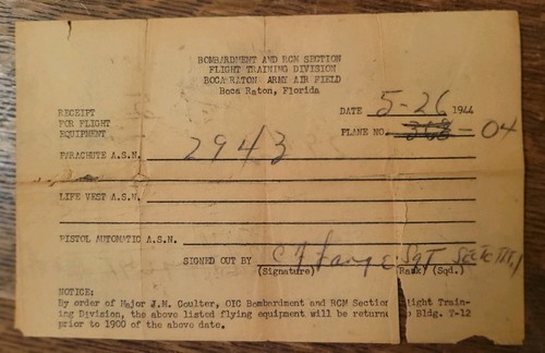 Vintage WWII 1944 Army Air Field Flight Equipment Receipt