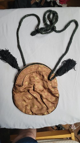 Vintage Chinese Satin Brocade Pouch Gold Embroidered Purse