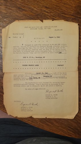 Vintage WWII 1942 Draft Army Induction Order Brooklyn NY