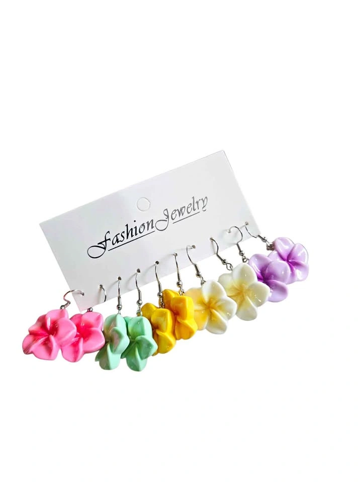 Flower Resin Dangle Earrings Set – 5 Pair Colorful Floral Hook J