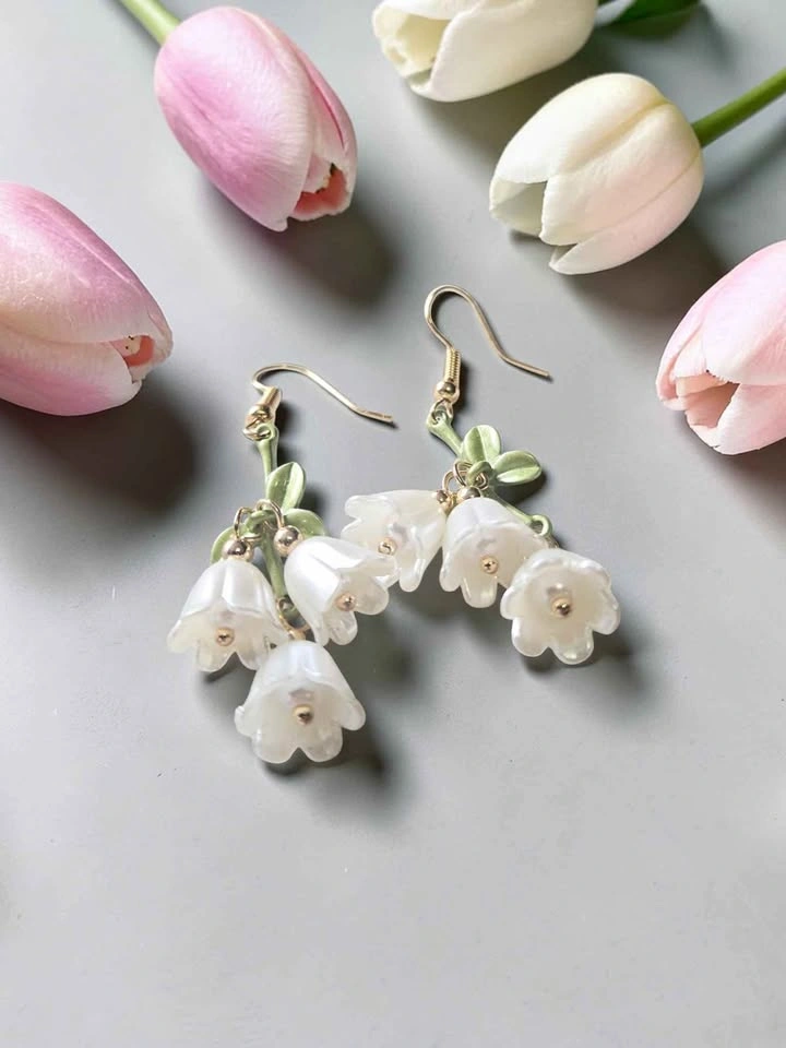 White Lily of the Valley Flower Earrings Handmade Dangle Drop
