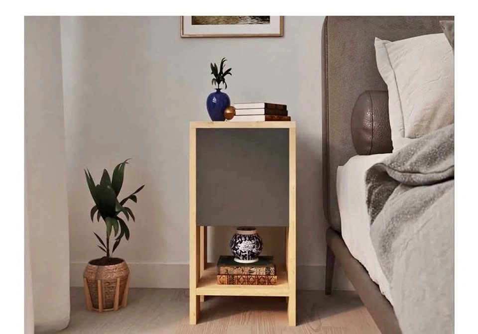 Grey & Wood Nightstand with Door