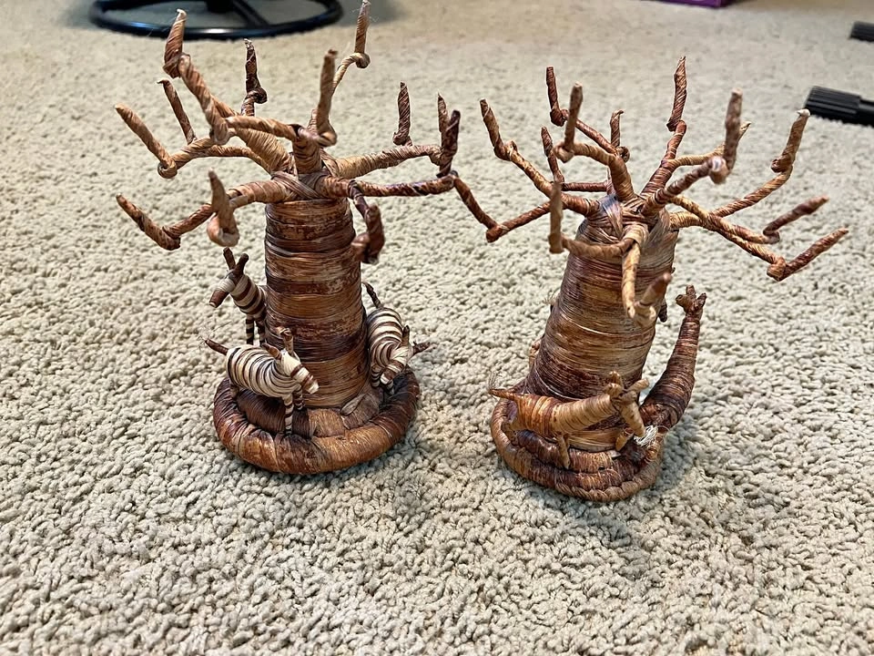 Handmade Kenyan Banana Fiber Baobab Tree Sculptures - Set of 2