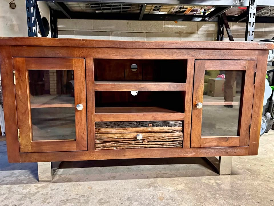 Beautiful wooden tv stand built with repurposed wood from railro