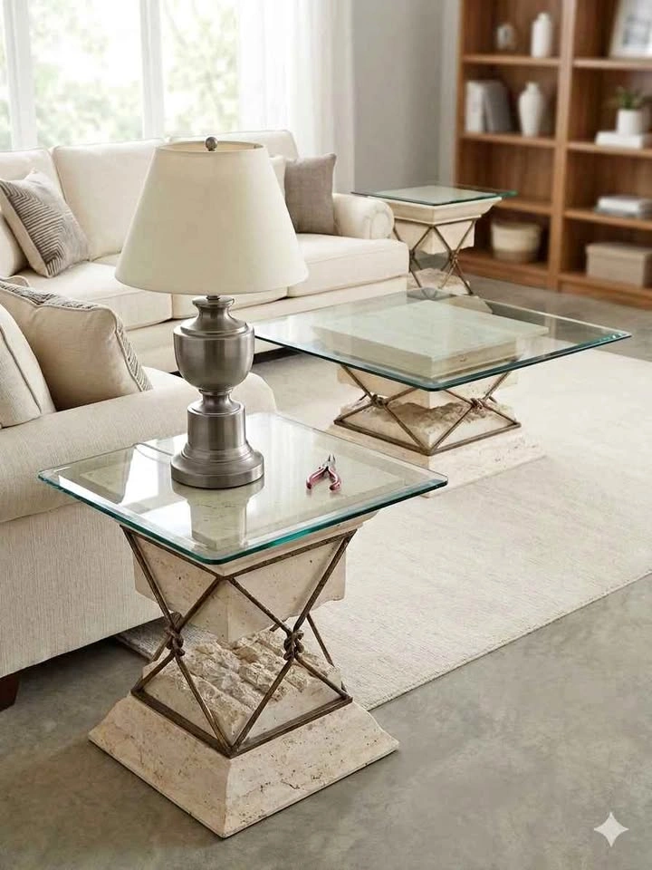 Travertine 5 pcs Stone Wrought Iron Glass Coffee Table Set