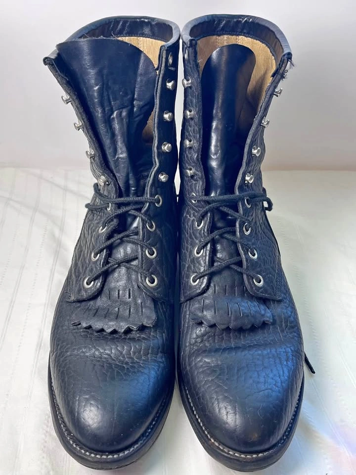 Vintage USA Made Justin Black Leather Lace-Up Roper Boots 10E
