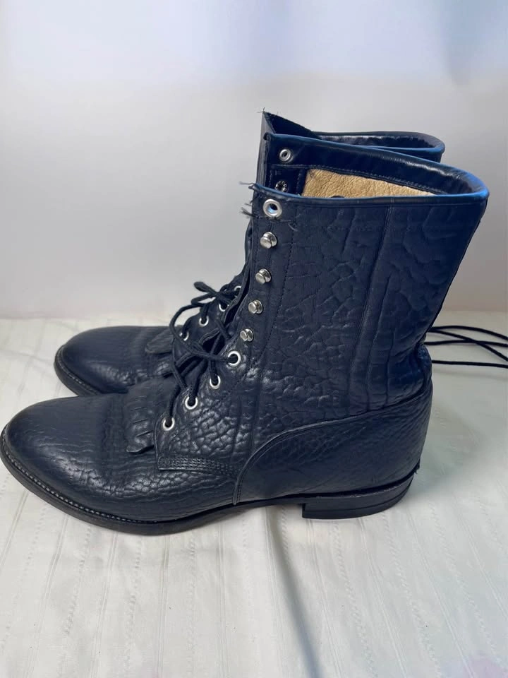 Vintage USA Made Justin Black Leather Lace-Up Roper Boots 10E - photo 2