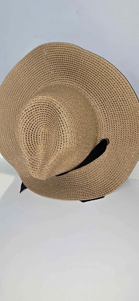 Time and Tru Straw Sun Hat with Black Ribbon Tie
