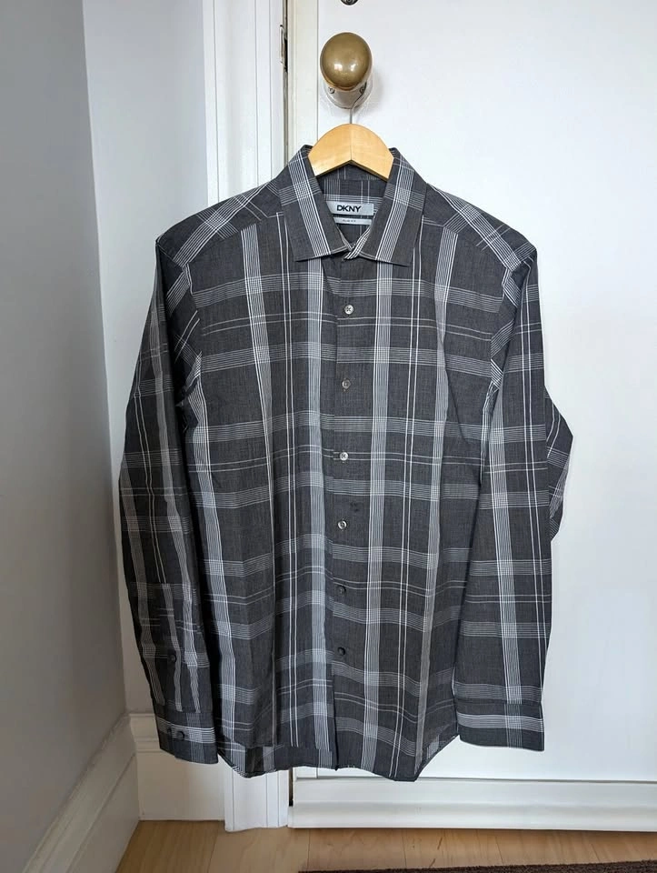 DKNY Men's Casual Plaid Button-down shirt (Gray-White) (Slim fit
