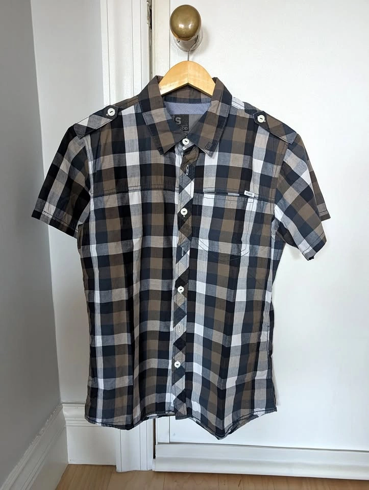 Cropp Men's Casual Plaid Button-down shirt (Green-Blue) (Small)