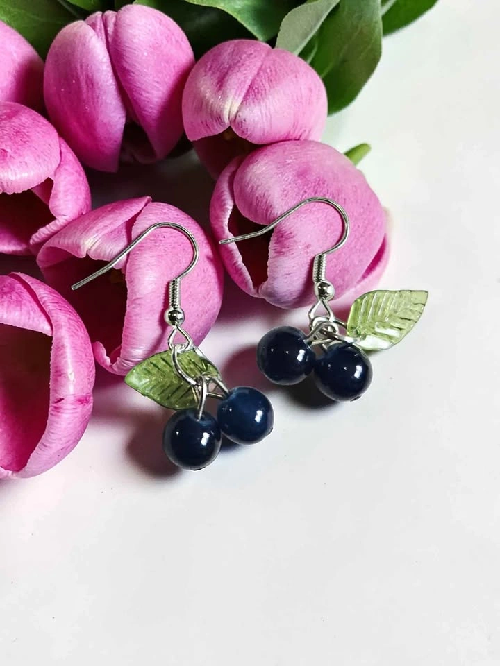 Handmade Blueberry Dangle Earrings with Green Leaf Charms