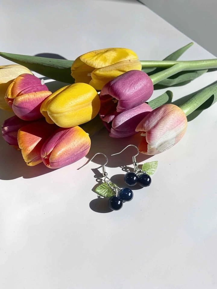 Handmade Blueberry Dangle Earrings with Green Leaf Charms - photo 2