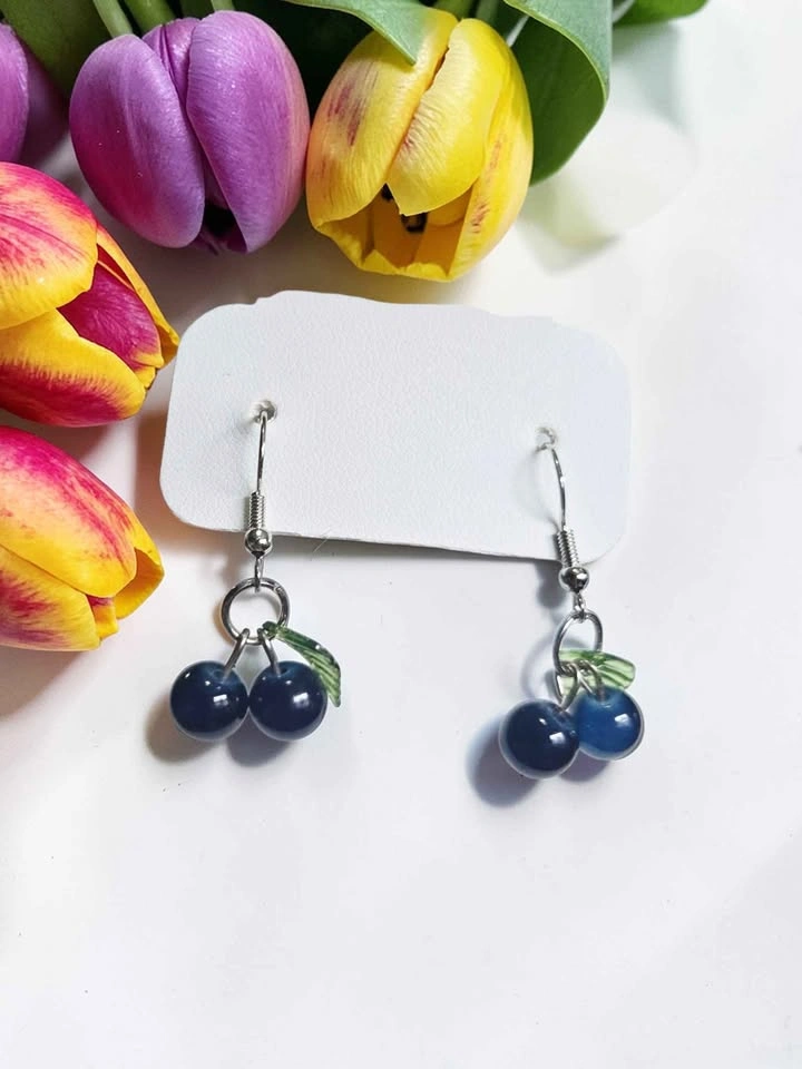 Handmade Blueberry Dangle Earrings with Green Leaf Charms - photo 3