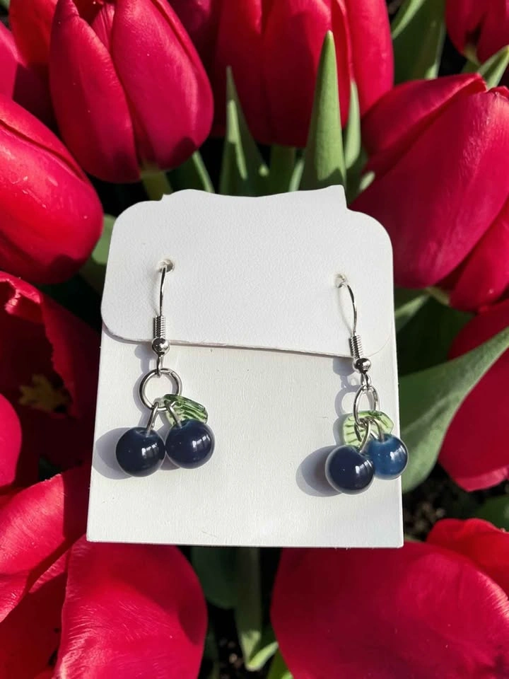 Handmade Blueberry Dangle Earrings with Green Leaf Charms - photo 4