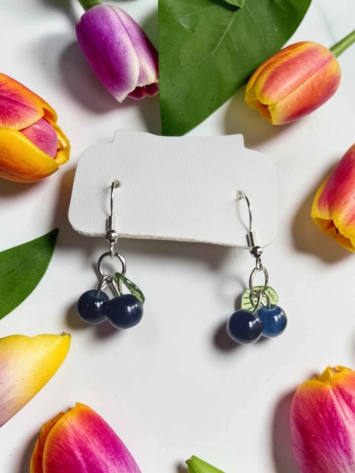 Handmade Blueberry Dangle Earrings with Green Leaf Charms - photo 5