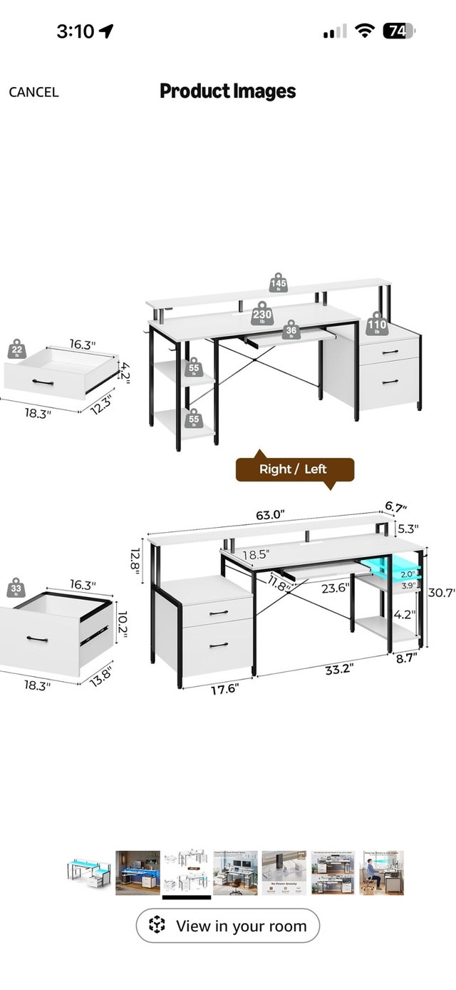 63” Modern Computer Desk with Drawers, Shelves & Keyboard Tray
