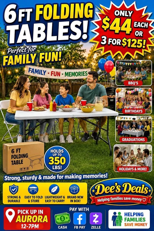 6 foot folding tables BRAND NEW IN BOX ONLY $44 or 3 for $125