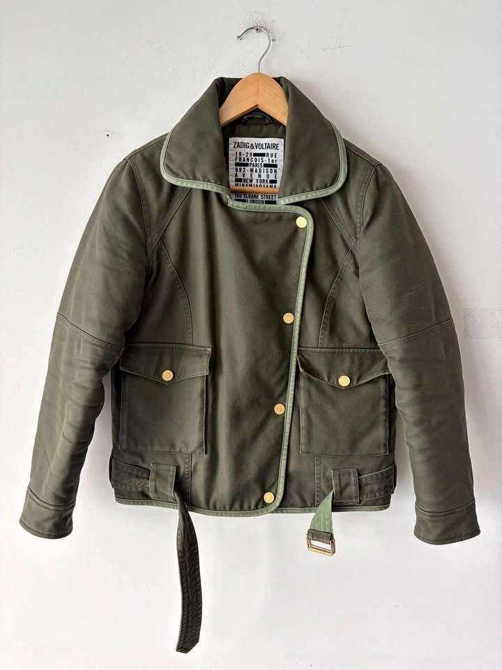 Zadig & Voltaire Kawa Quilted Khaki Canvas Biker Jacket Size S