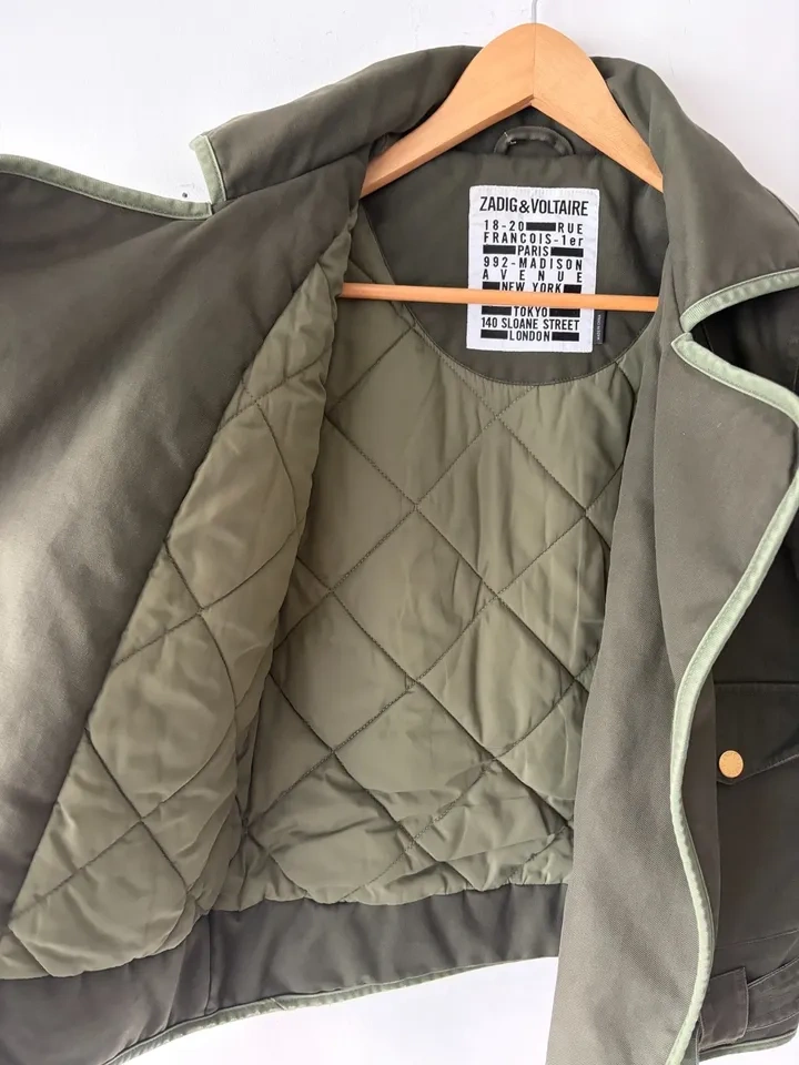 Zadig & Voltaire Kawa Quilted Khaki Canvas Biker Jacket Size S - photo 5