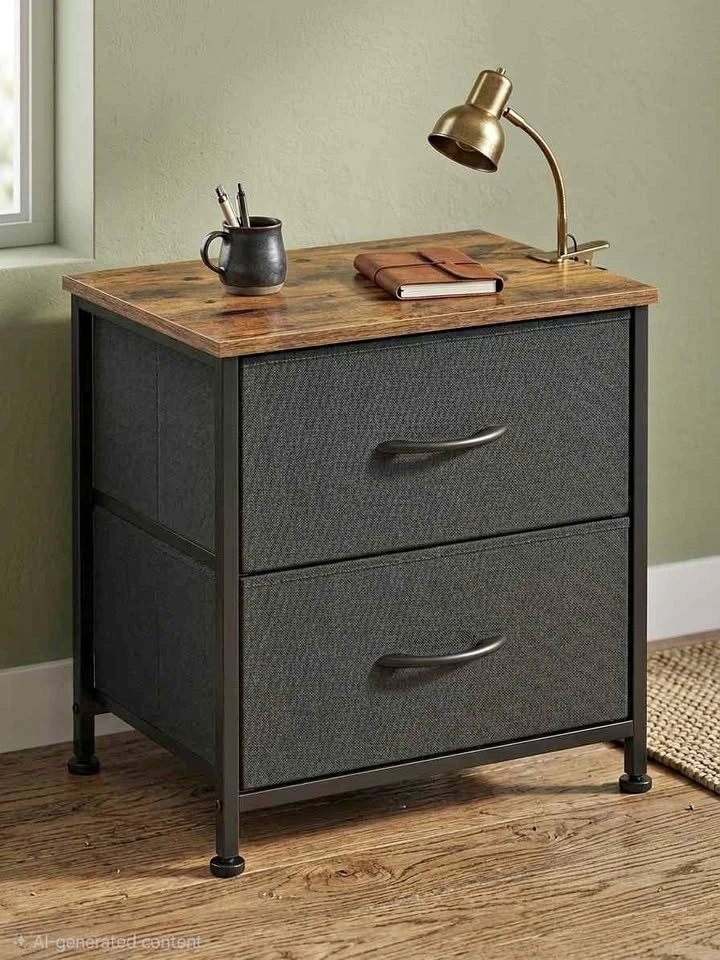 Industrial 2-Drawer Nightstand with Fabric Drawers