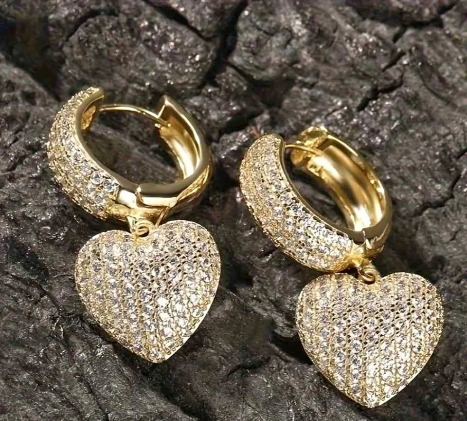 Gold Heart Hoop Earrings Synthetic CZ Pave Dangle Drop