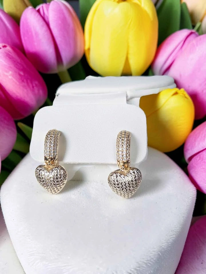 Gold Heart Hoop Earrings Synthetic CZ Pave Dangle Drop - photo 4