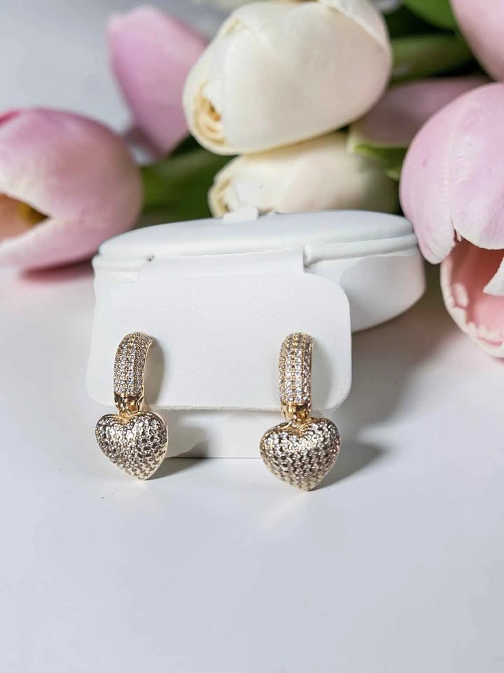 Gold Heart Hoop Earrings Synthetic CZ Pave Dangle Drop - photo 5